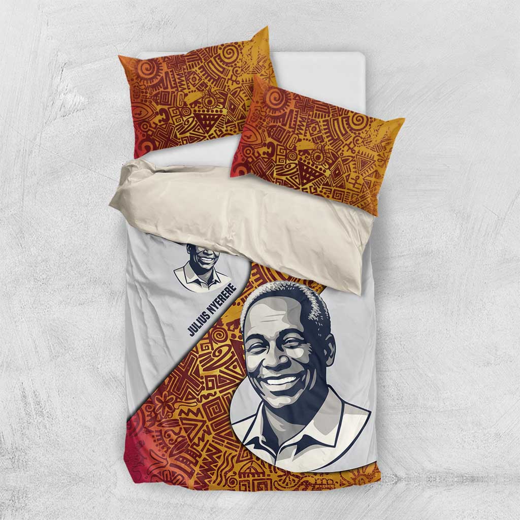 Julius Nyerere Bedding Set with Smiling Portrait, Tribal Pattern and Simplicity is Power Quote - African Pride