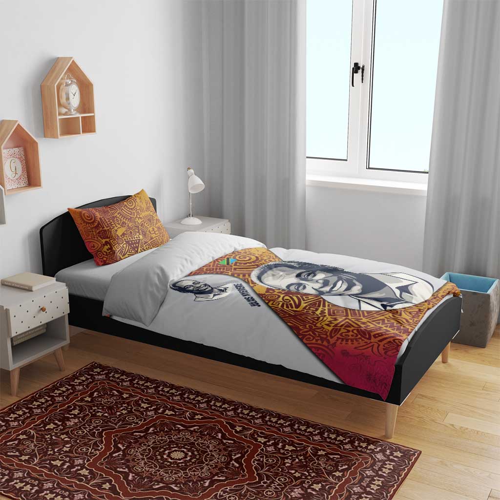 Julius Nyerere Bedding Set with Smiling Portrait, Tribal Pattern and Simplicity is Power Quote - African Pride
