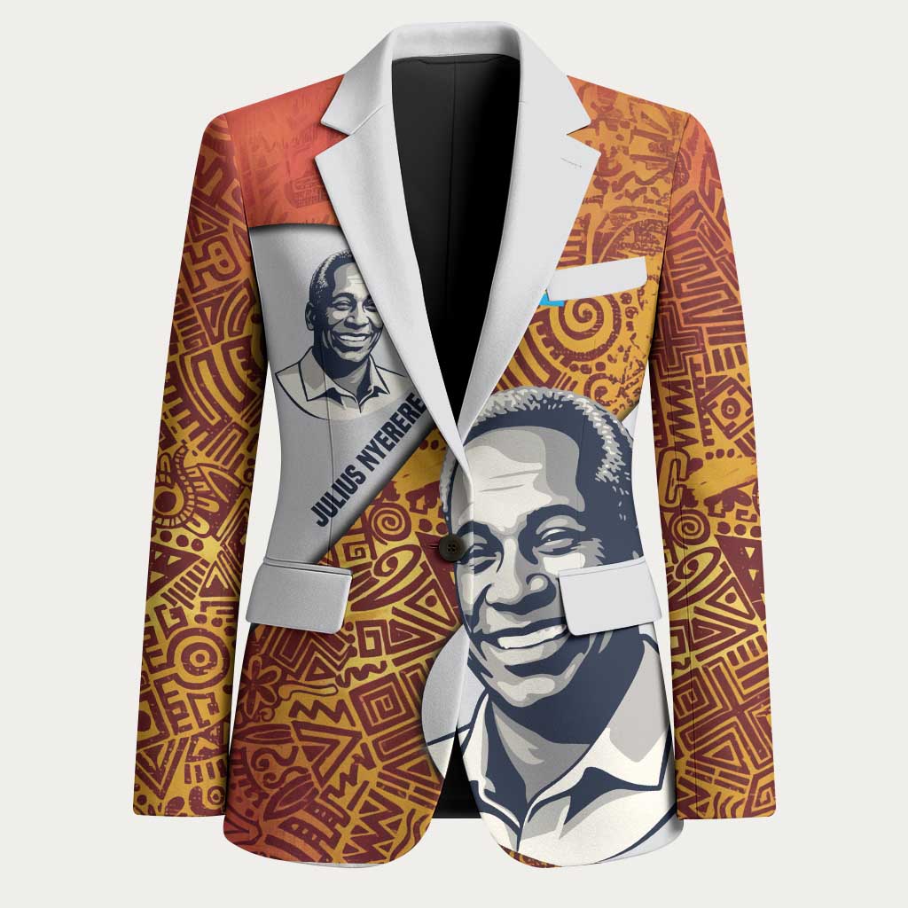 Julius Nyerere Blazer with Smiling Portrait, Tribal Pattern and Simplicity is Power Quote - African Pride