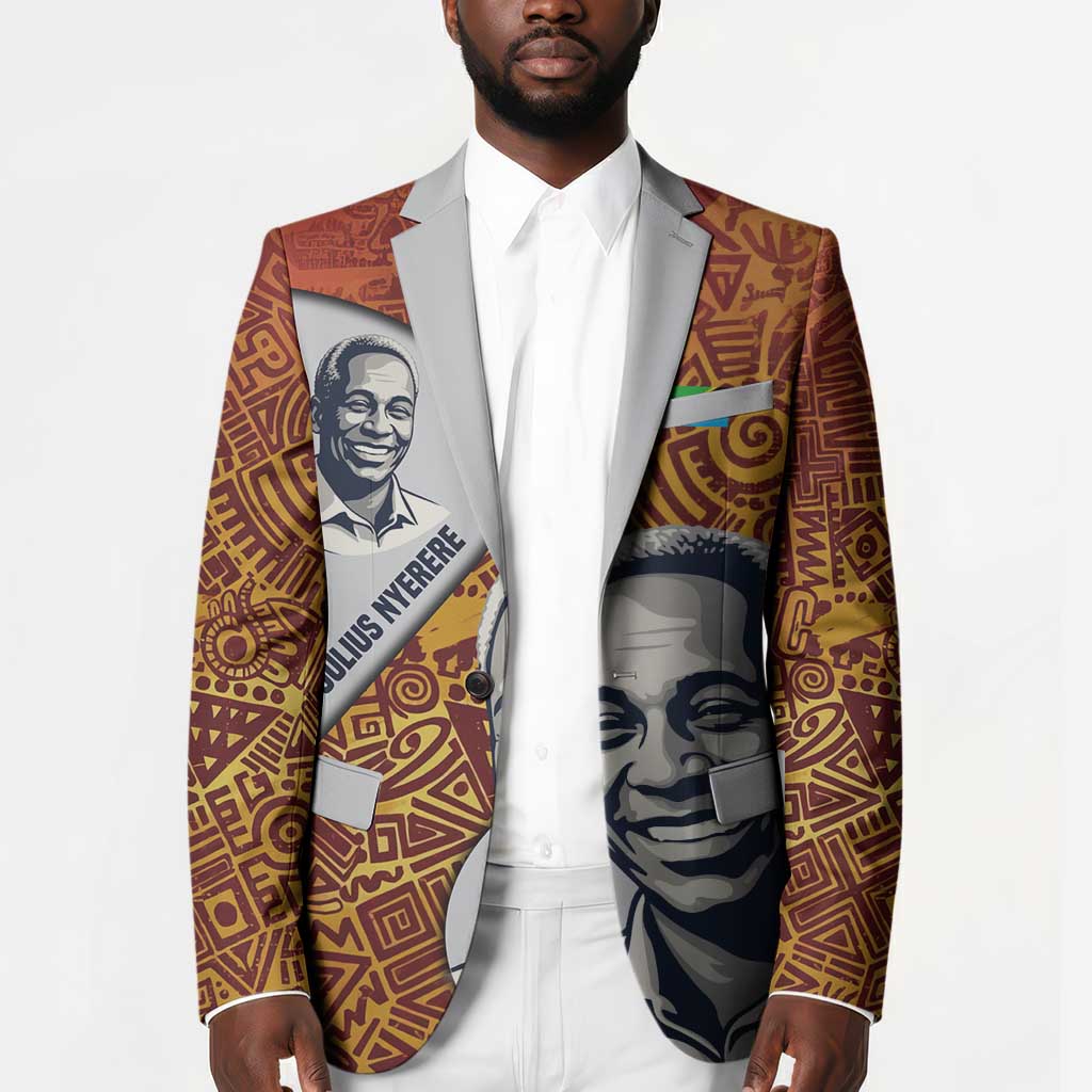 Julius Nyerere Blazer with Smiling Portrait, Tribal Pattern and Simplicity is Power Quote - African Pride
