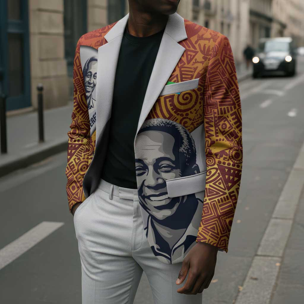 Julius Nyerere Blazer with Smiling Portrait, Tribal Pattern and Simplicity is Power Quote - African Pride
