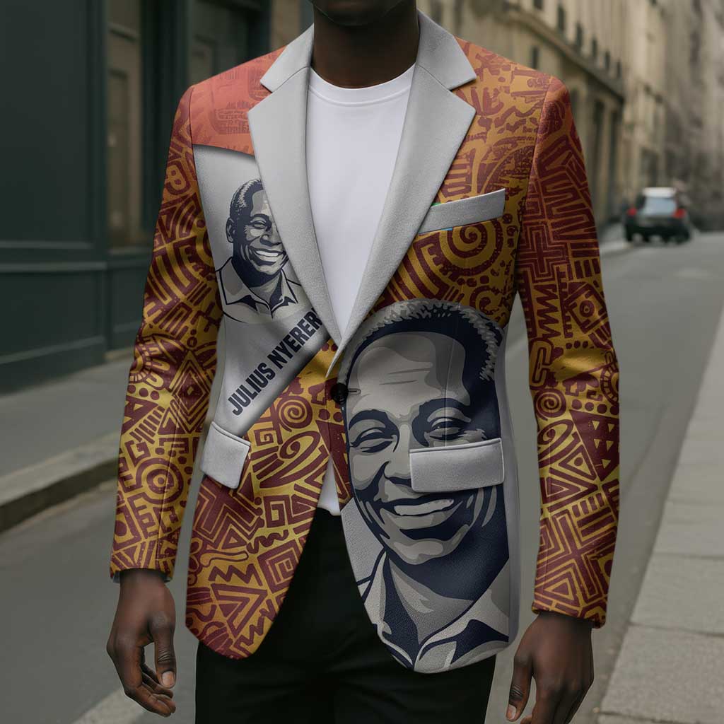 Julius Nyerere Blazer with Smiling Portrait, Tribal Pattern and Simplicity is Power Quote - African Pride