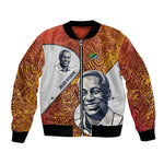 Julius Nyerere Bomber Jacket with Smiling Portrait, Tribal Pattern and Simplicity is Power Quote - African Pride