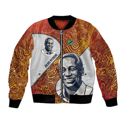 Julius Nyerere Bomber Jacket with Smiling Portrait, Tribal Pattern and Simplicity is Power Quote - African Pride