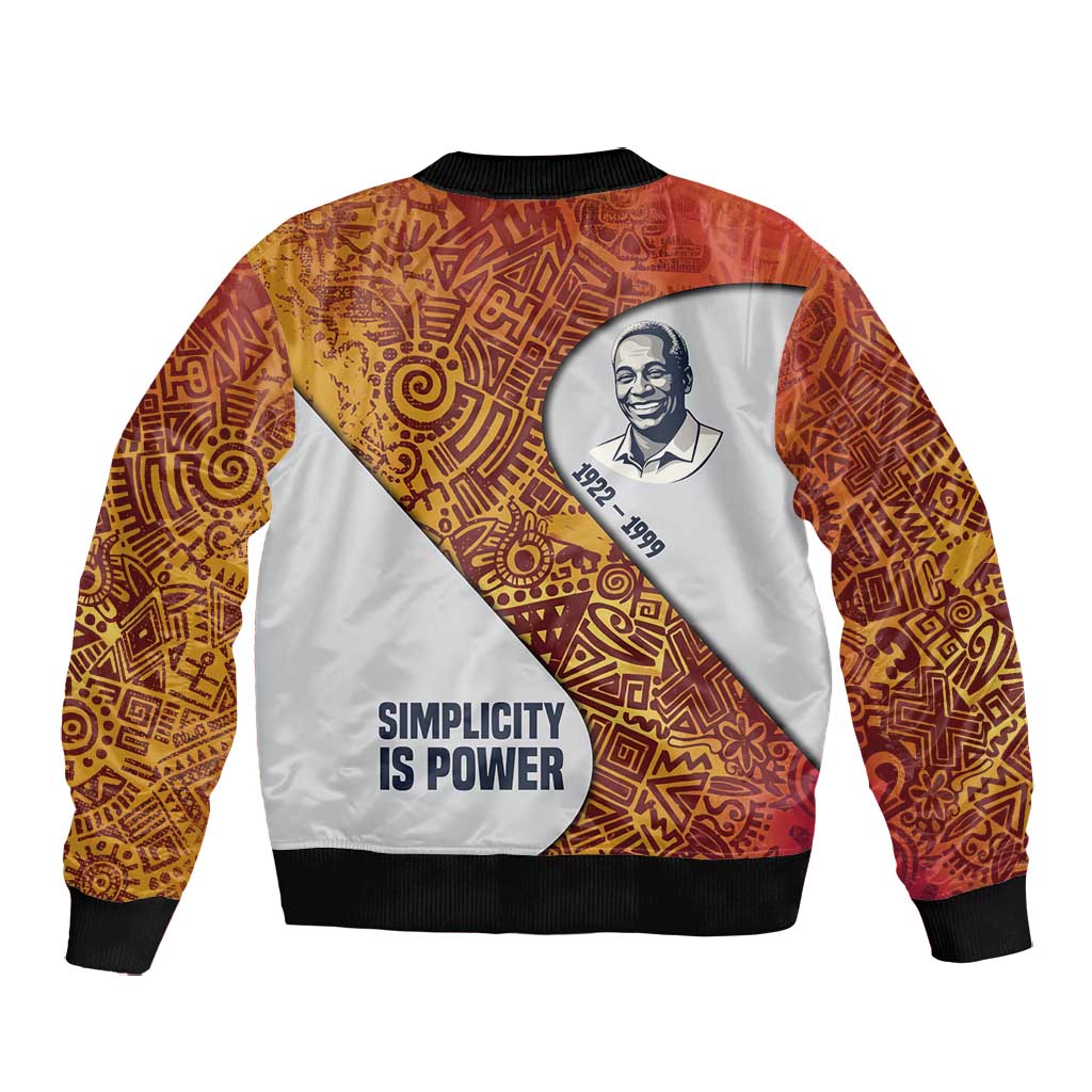 Julius Nyerere Bomber Jacket with Smiling Portrait, Tribal Pattern and Simplicity is Power Quote - African Pride