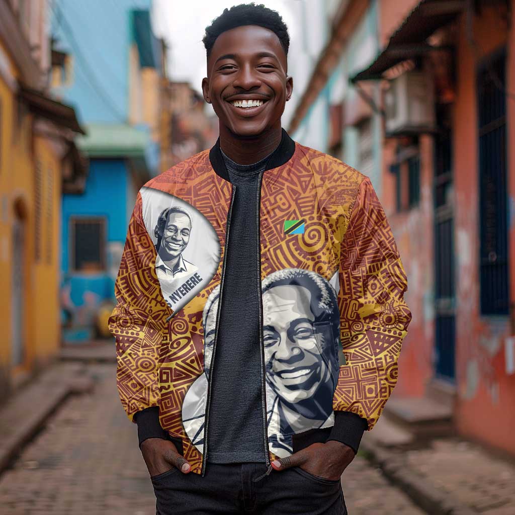 Julius Nyerere Bomber Jacket with Smiling Portrait, Tribal Pattern and Simplicity is Power Quote - African Pride