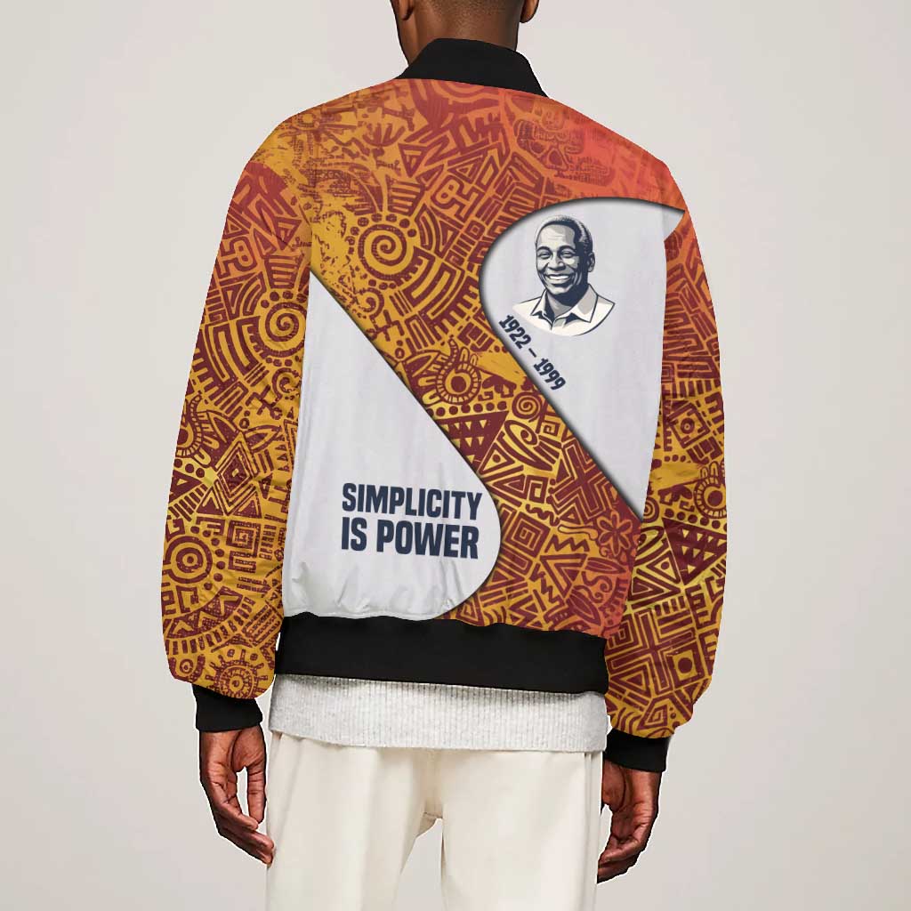 Julius Nyerere Bomber Jacket with Smiling Portrait, Tribal Pattern and Simplicity is Power Quote - African Pride