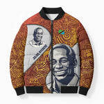 Julius Nyerere Bomber Puffer Jacket with Smiling Portrait, Tribal Pattern and Simplicity is Power Quote - African Pride
