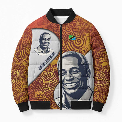 Julius Nyerere Bomber Puffer Jacket with Smiling Portrait, Tribal Pattern and Simplicity is Power Quote - African Pride