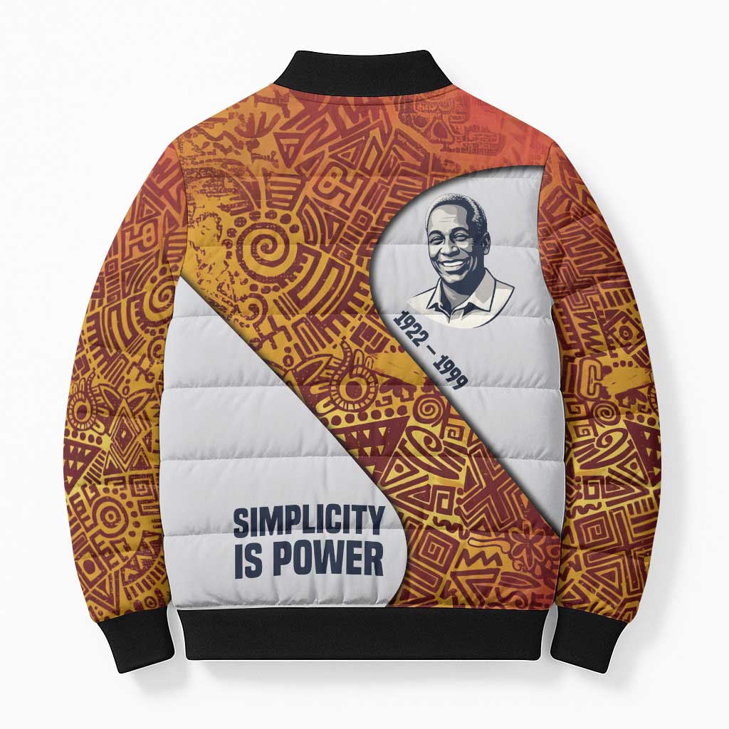 Julius Nyerere Bomber Puffer Jacket with Smiling Portrait, Tribal Pattern and Simplicity is Power Quote - African Pride