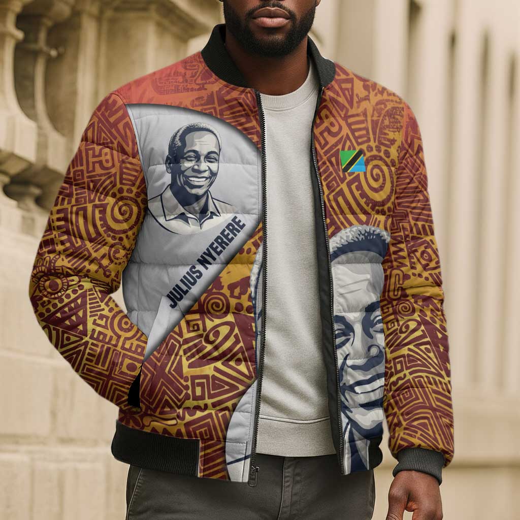 Julius Nyerere Bomber Puffer Jacket with Smiling Portrait, Tribal Pattern and Simplicity is Power Quote - African Pride