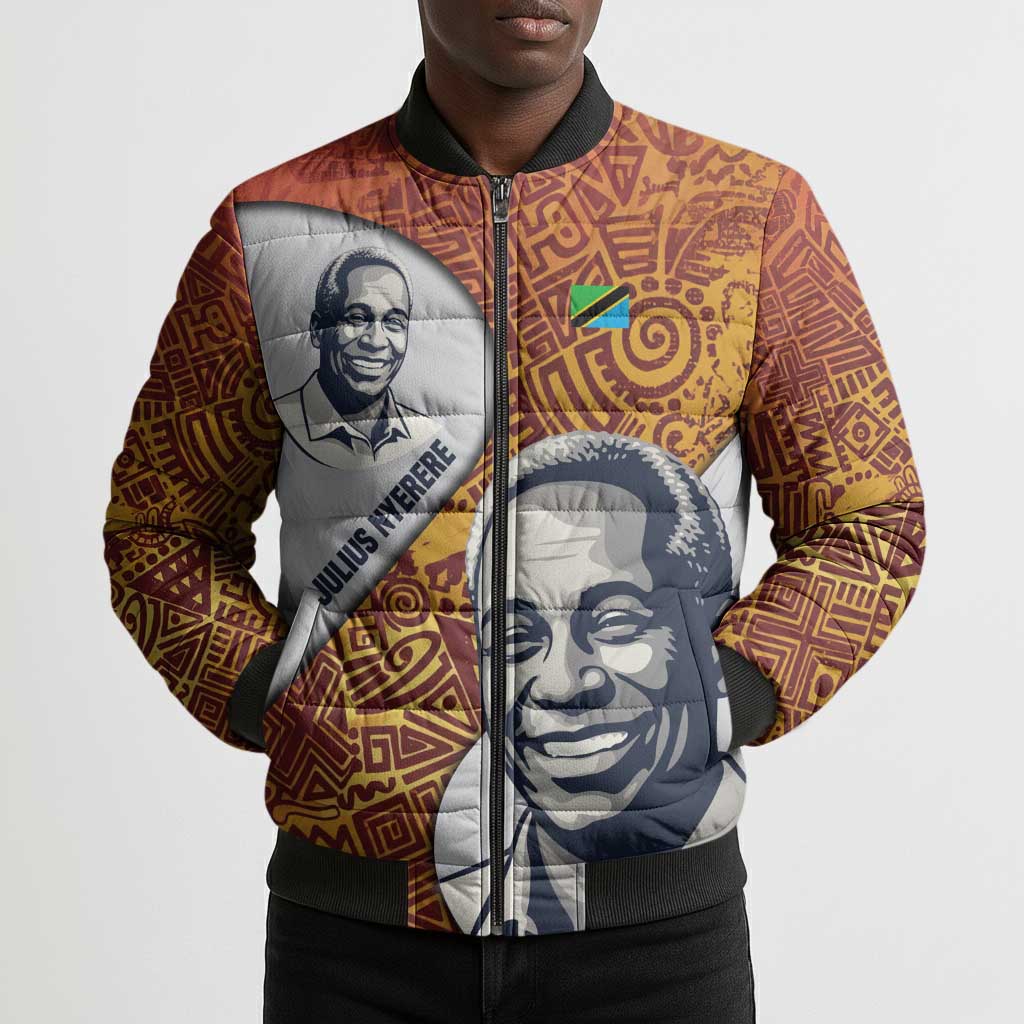 Julius Nyerere Bomber Puffer Jacket with Smiling Portrait, Tribal Pattern and Simplicity is Power Quote - African Pride