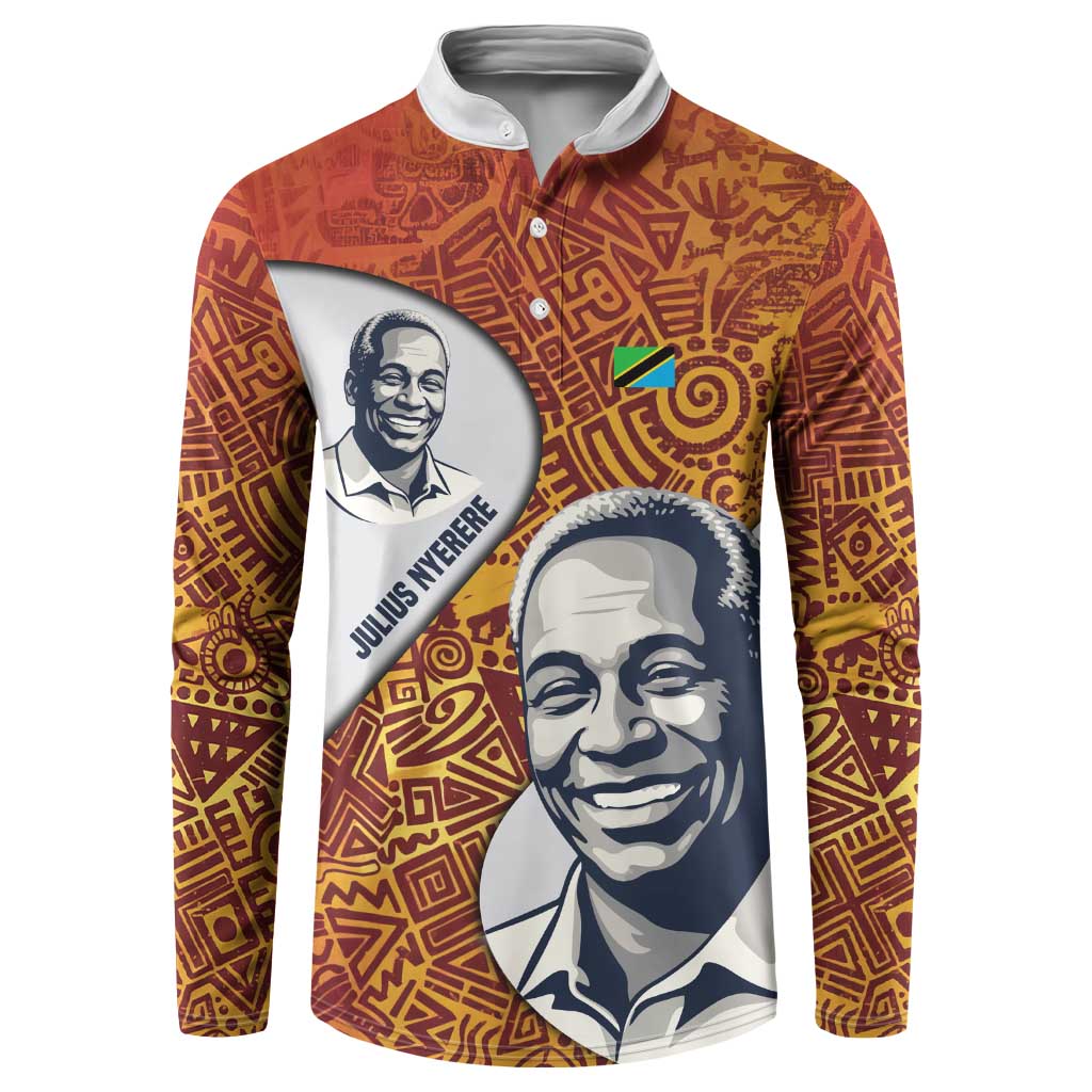 Julius Nyerere Button Sweatshirt with Smiling Portrait, Tribal Pattern and Simplicity is Power Quote