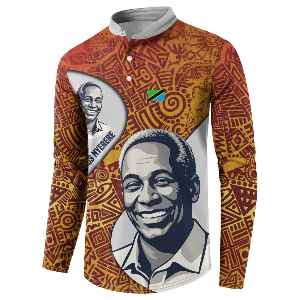 Julius Nyerere Button Sweatshirt with Smiling Portrait, Tribal Pattern and Simplicity is Power Quote