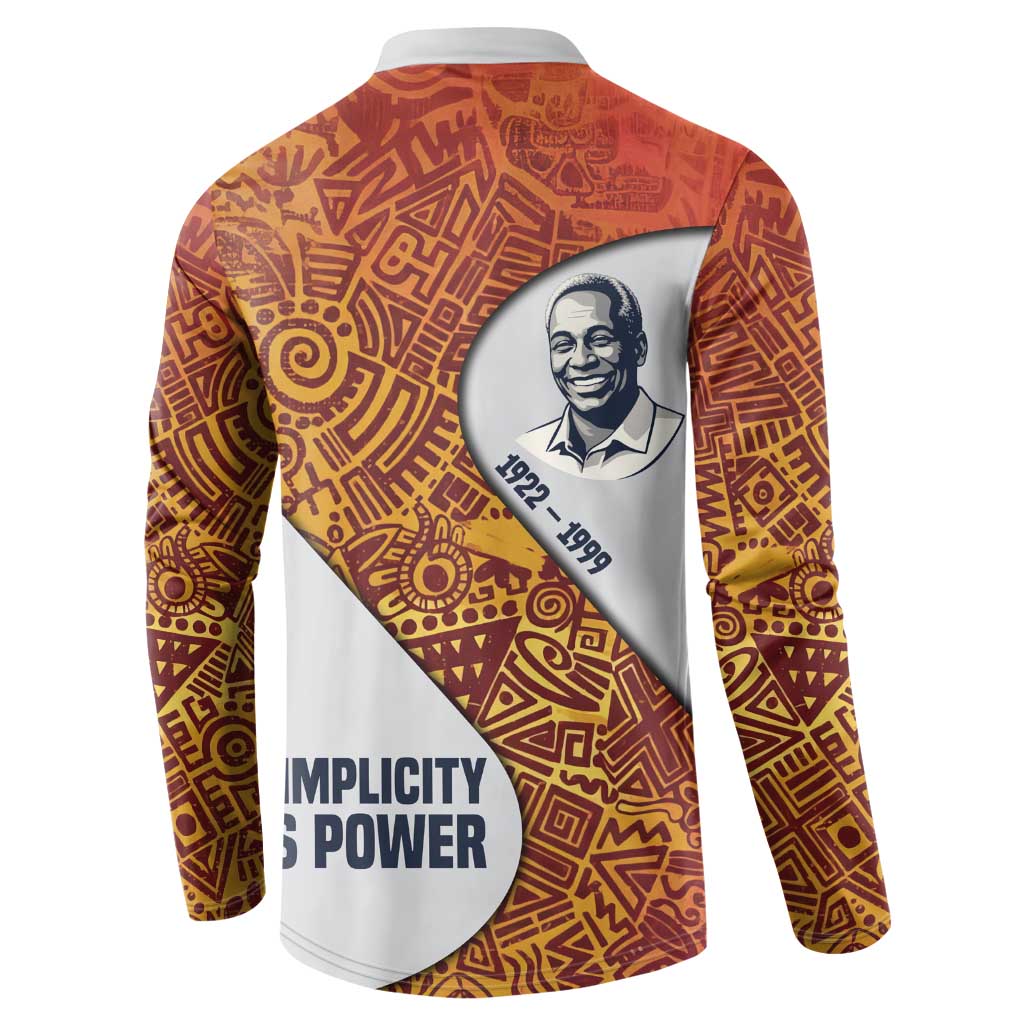 Julius Nyerere Button Sweatshirt with Smiling Portrait, Tribal Pattern and Simplicity is Power Quote