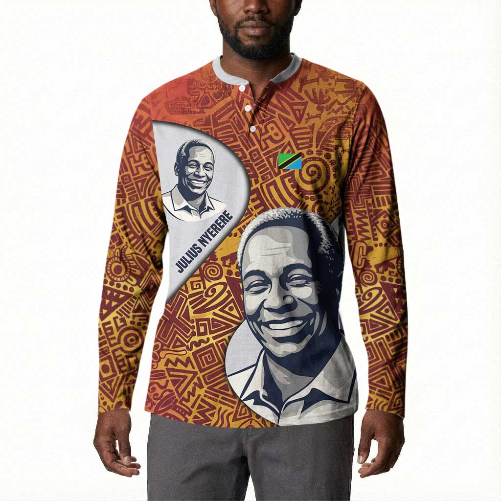 Julius Nyerere Button Sweatshirt with Smiling Portrait, Tribal Pattern and Simplicity is Power Quote