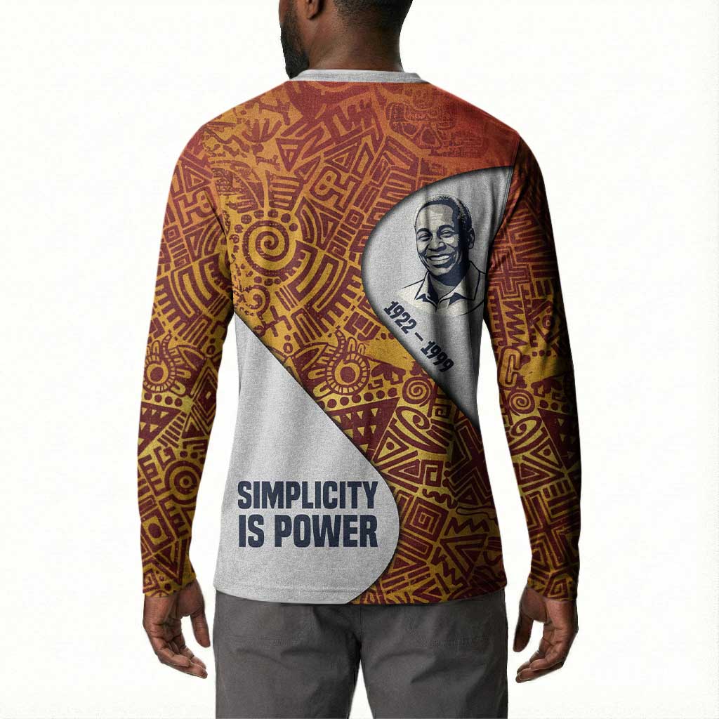 Julius Nyerere Button Sweatshirt with Smiling Portrait, Tribal Pattern and Simplicity is Power Quote