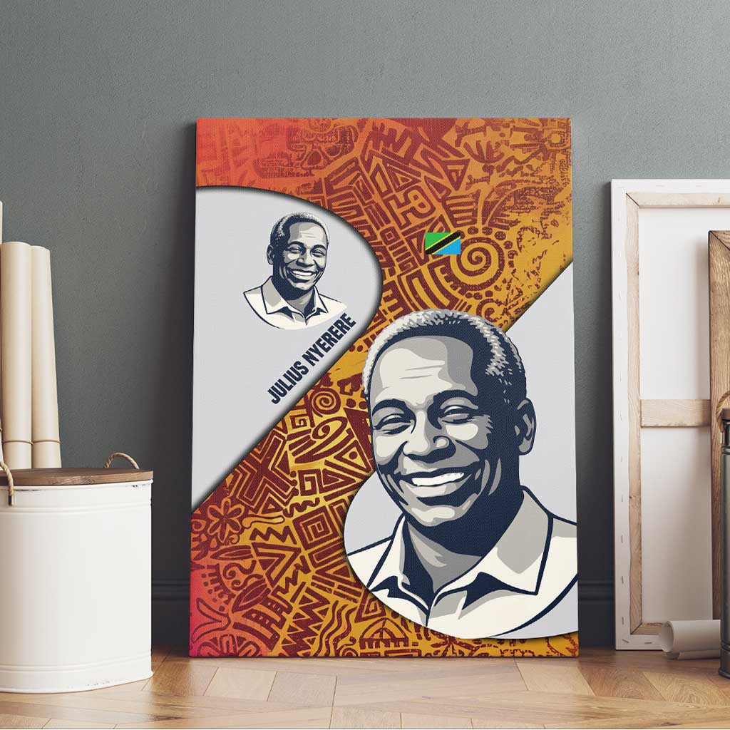 Julius Nyerere Canvas Wall Art with Smiling Portrait, Tribal Pattern and Simplicity is Power Quote - African Pride