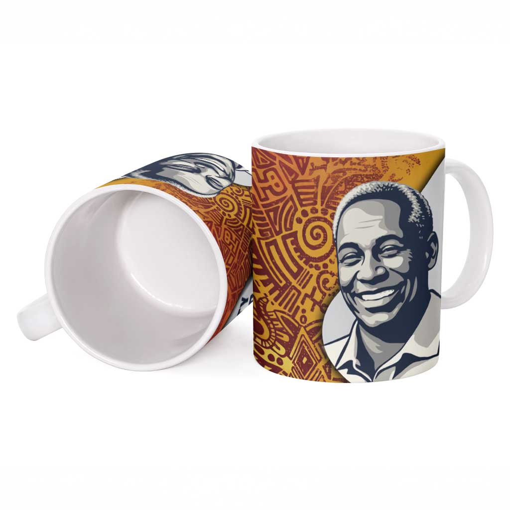Julius Nyerere Ceramic Mug with Smiling Portrait, Tribal Pattern and Simplicity is Power Quote - African Pride