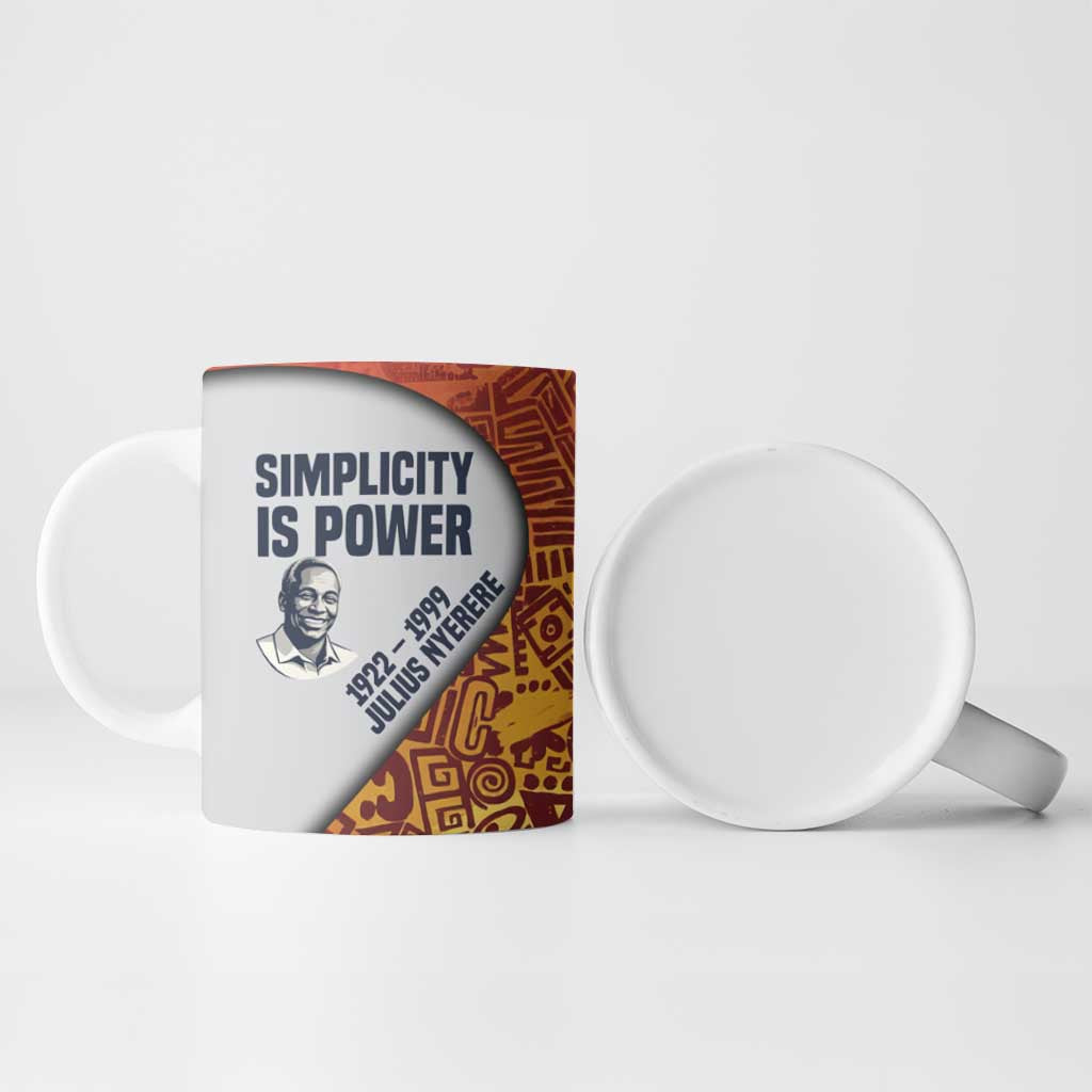 Julius Nyerere Ceramic Mug with Smiling Portrait, Tribal Pattern and Simplicity is Power Quote - African Pride