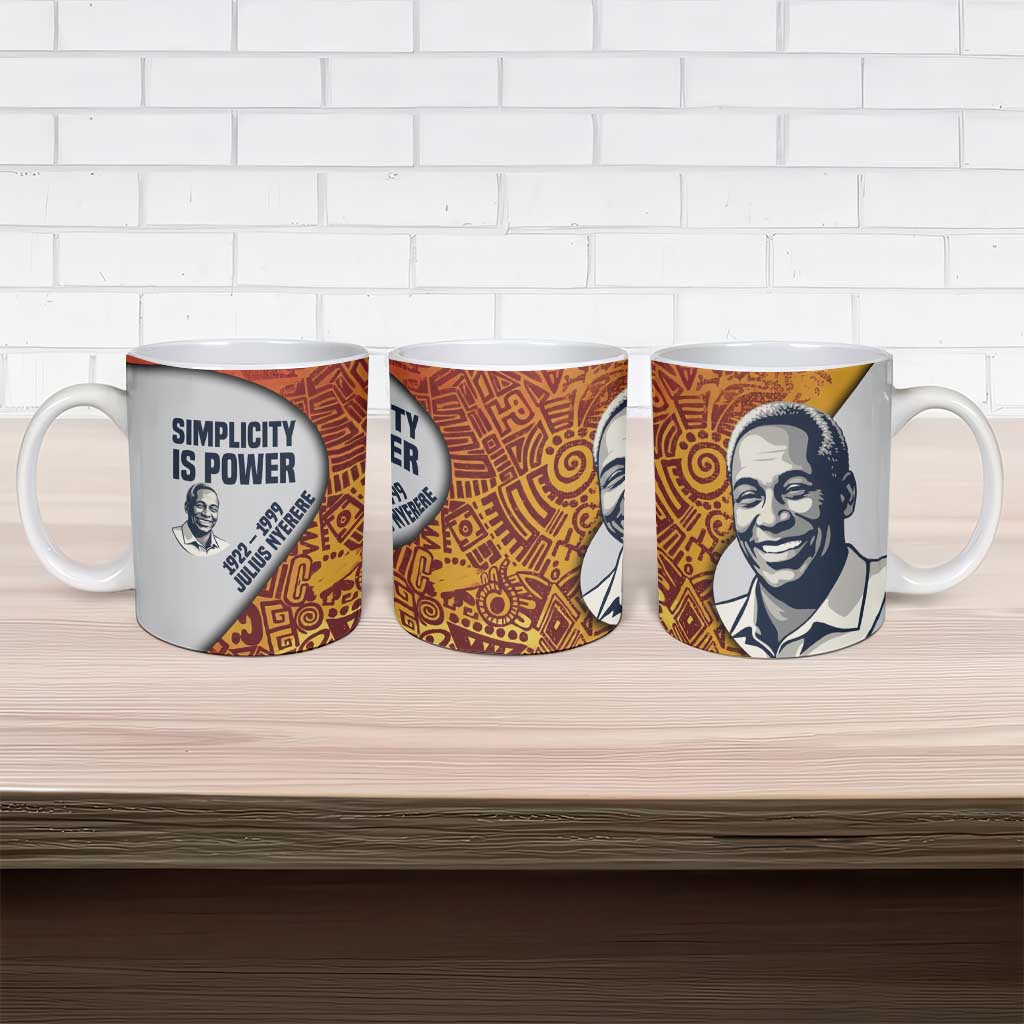 Julius Nyerere Ceramic Mug with Smiling Portrait, Tribal Pattern and Simplicity is Power Quote - African Pride