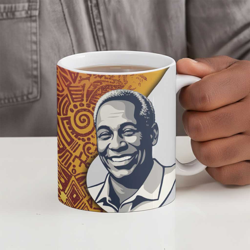 Julius Nyerere Ceramic Mug with Smiling Portrait, Tribal Pattern and Simplicity is Power Quote - African Pride