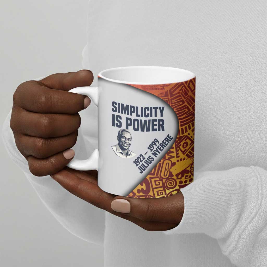 Julius Nyerere Ceramic Mug with Smiling Portrait, Tribal Pattern and Simplicity is Power Quote - African Pride