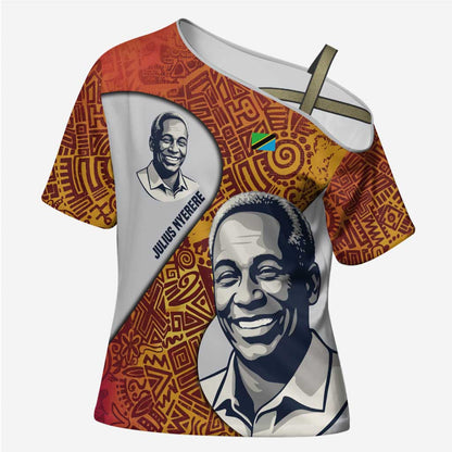 Julius Nyerere Cross Shoulder Shirt with Smiling Portrait, Tribal Pattern and Simplicity is Power Quote - African Pride
