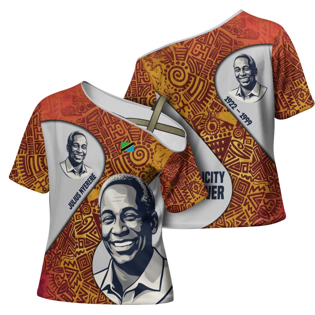 Julius Nyerere Cross Shoulder Shirt with Smiling Portrait, Tribal Pattern and Simplicity is Power Quote - African Pride