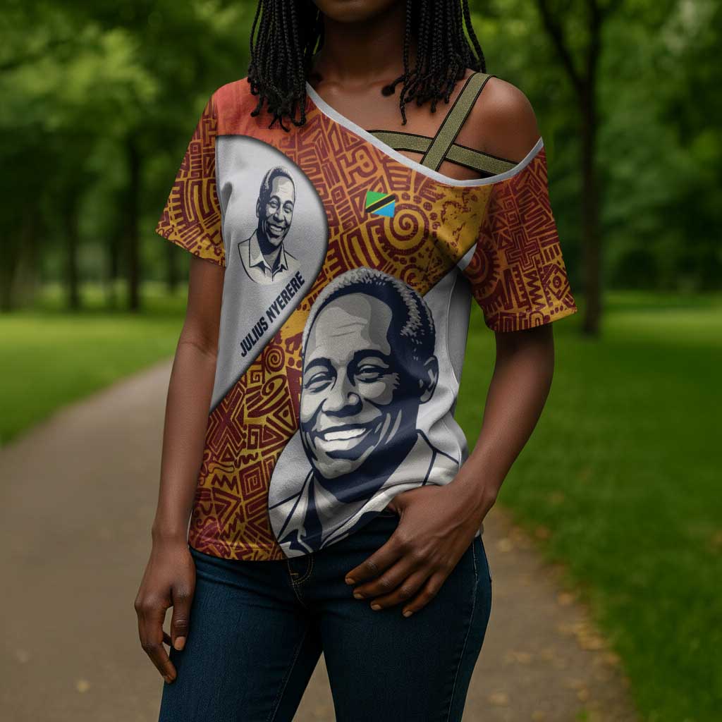 Julius Nyerere Cross Shoulder Shirt with Smiling Portrait, Tribal Pattern and Simplicity is Power Quote - African Pride