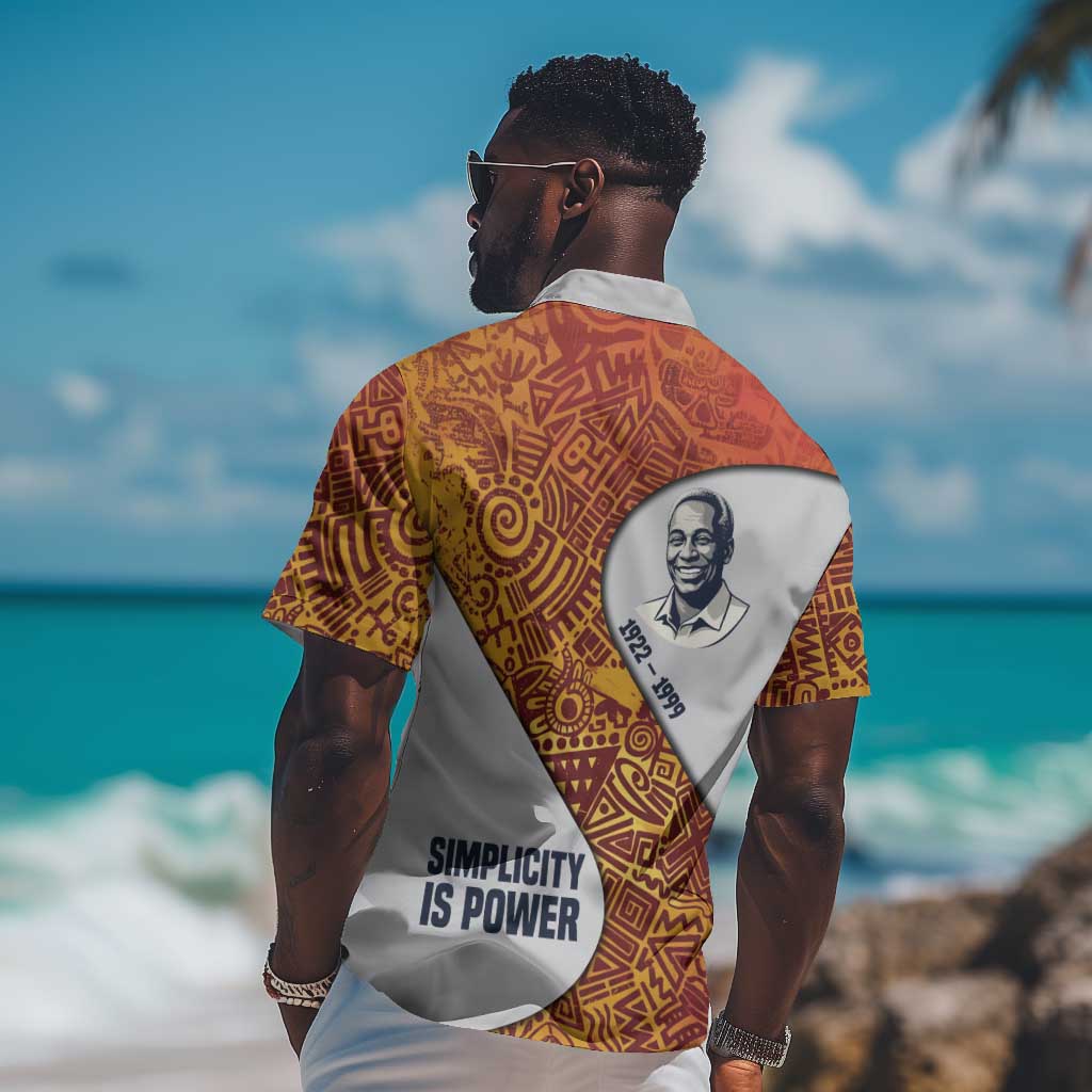 Julius Nyerere Hawaiian Shirt with Smiling Portrait, Tribal Pattern and Simplicity is Power Quote - African Pride