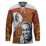 Julius Nyerere Hockey Jersey with Smiling Portrait, Tribal Pattern and Simplicity is Power Quote - African Pride