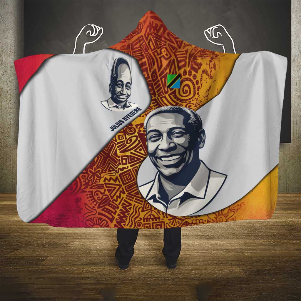 Julius Nyerere Hooded Blanket with Smiling Portrait, Tribal Pattern and Simplicity is Power Quote - African Pride