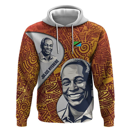 Julius Nyerere Hoodie with Smiling Portrait, Tribal Pattern and Simplicity is Power Quote - African Pride