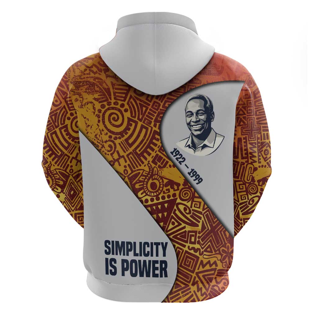 Julius Nyerere Hoodie with Smiling Portrait, Tribal Pattern and Simplicity is Power Quote - African Pride