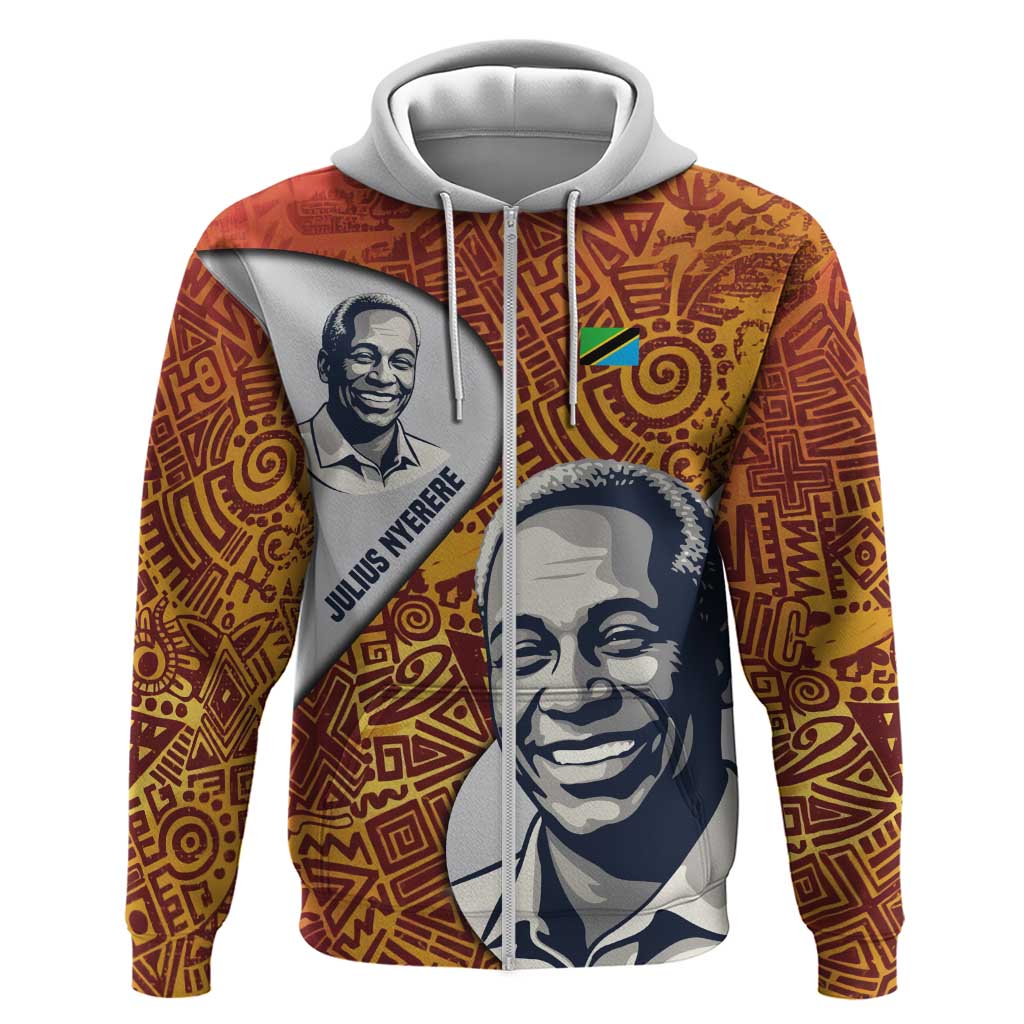 Julius Nyerere Hoodie with Smiling Portrait, Tribal Pattern and Simplicity is Power Quote - African Pride