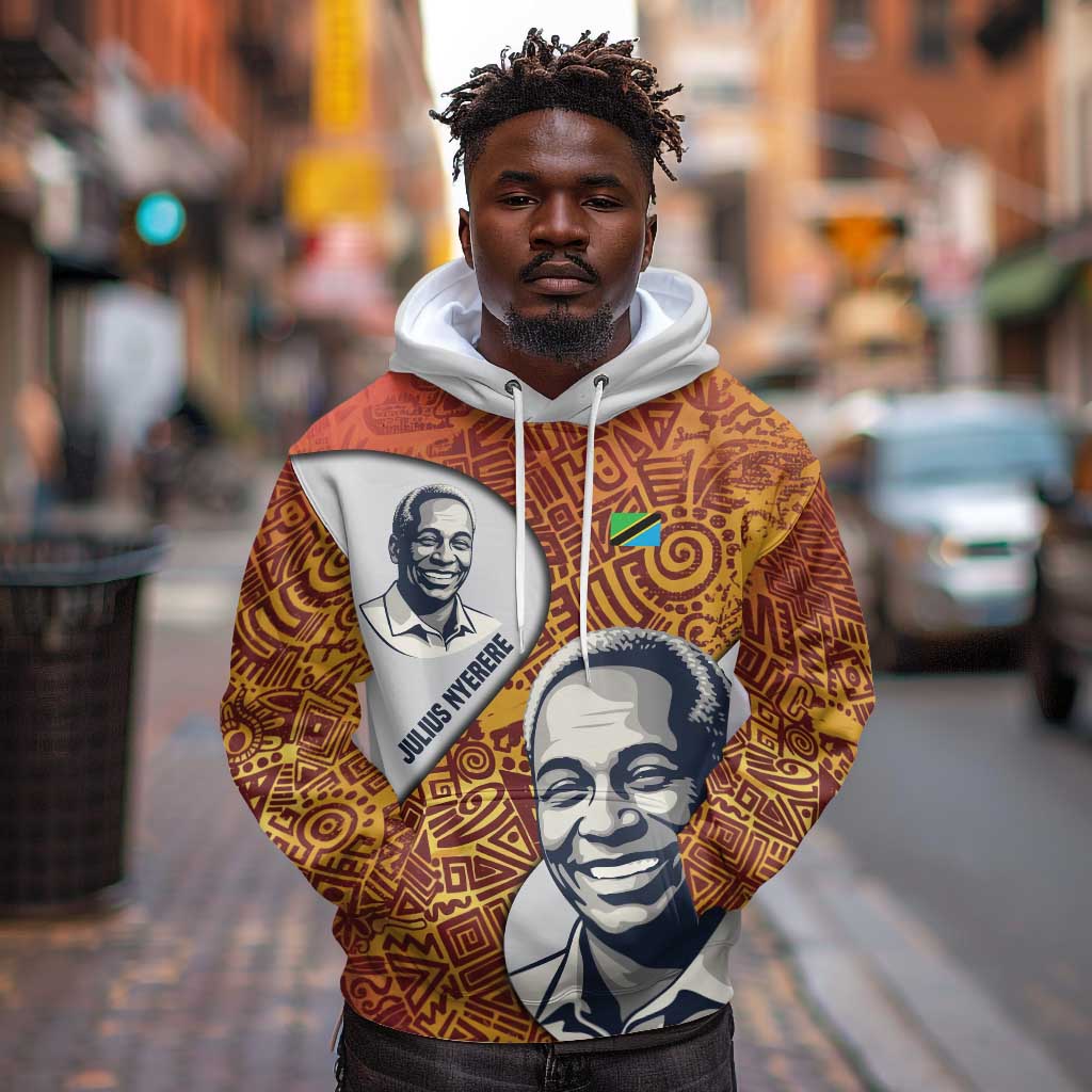 Julius Nyerere Hoodie with Smiling Portrait, Tribal Pattern and Simplicity is Power Quote - African Pride