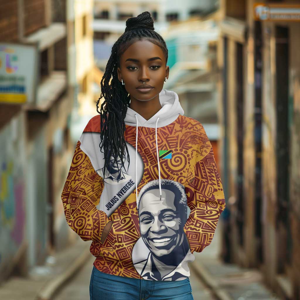 Julius Nyerere Hoodie with Smiling Portrait, Tribal Pattern and Simplicity is Power Quote - African Pride