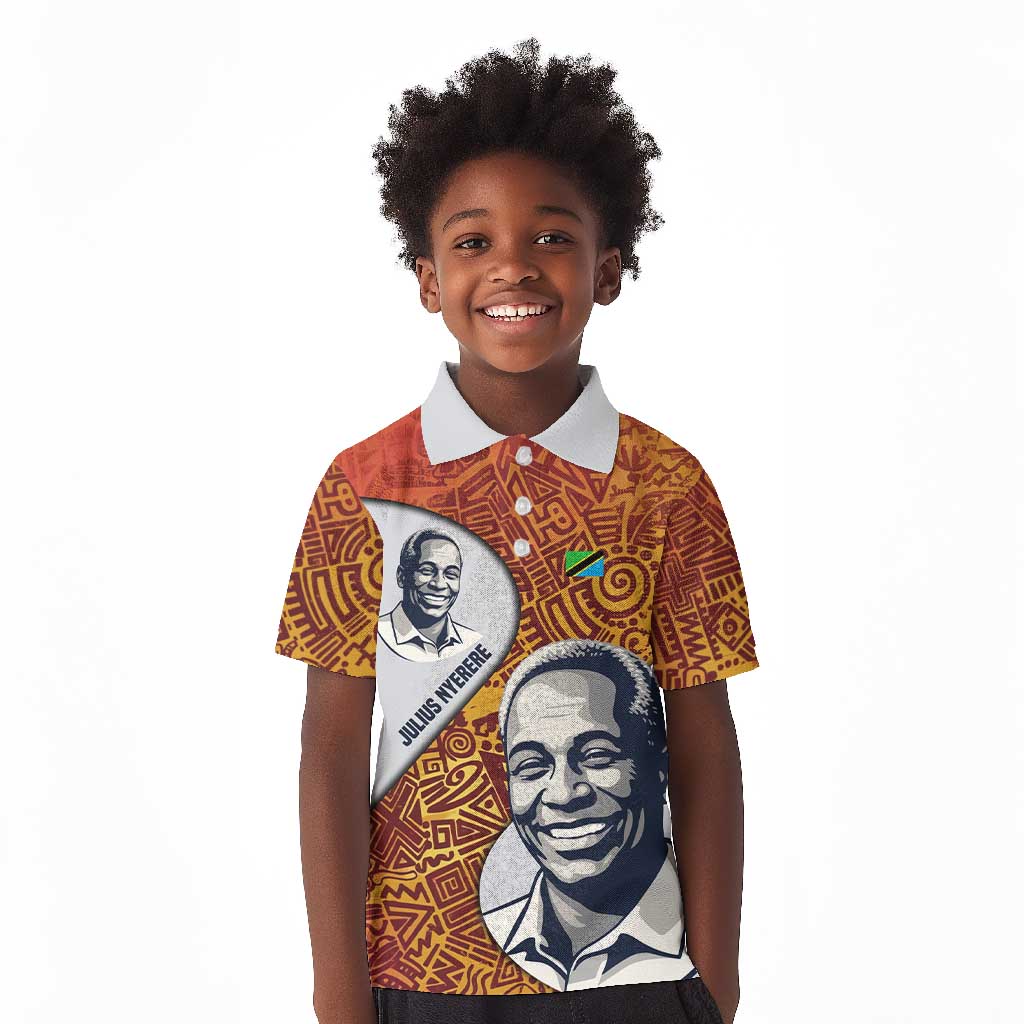Julius Nyerere Kid Polo Shirt with Smiling Portrait, Tribal Pattern and Simplicity is Power Quote - African Pride