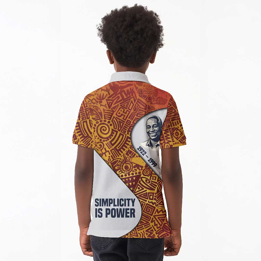 Julius Nyerere Kid Polo Shirt with Smiling Portrait, Tribal Pattern and Simplicity is Power Quote - African Pride