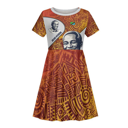Julius Nyerere Kid Short Sleeve Dress with Smiling Portrait, Tribal Pattern and Simplicity is Power Quote - African Pride
