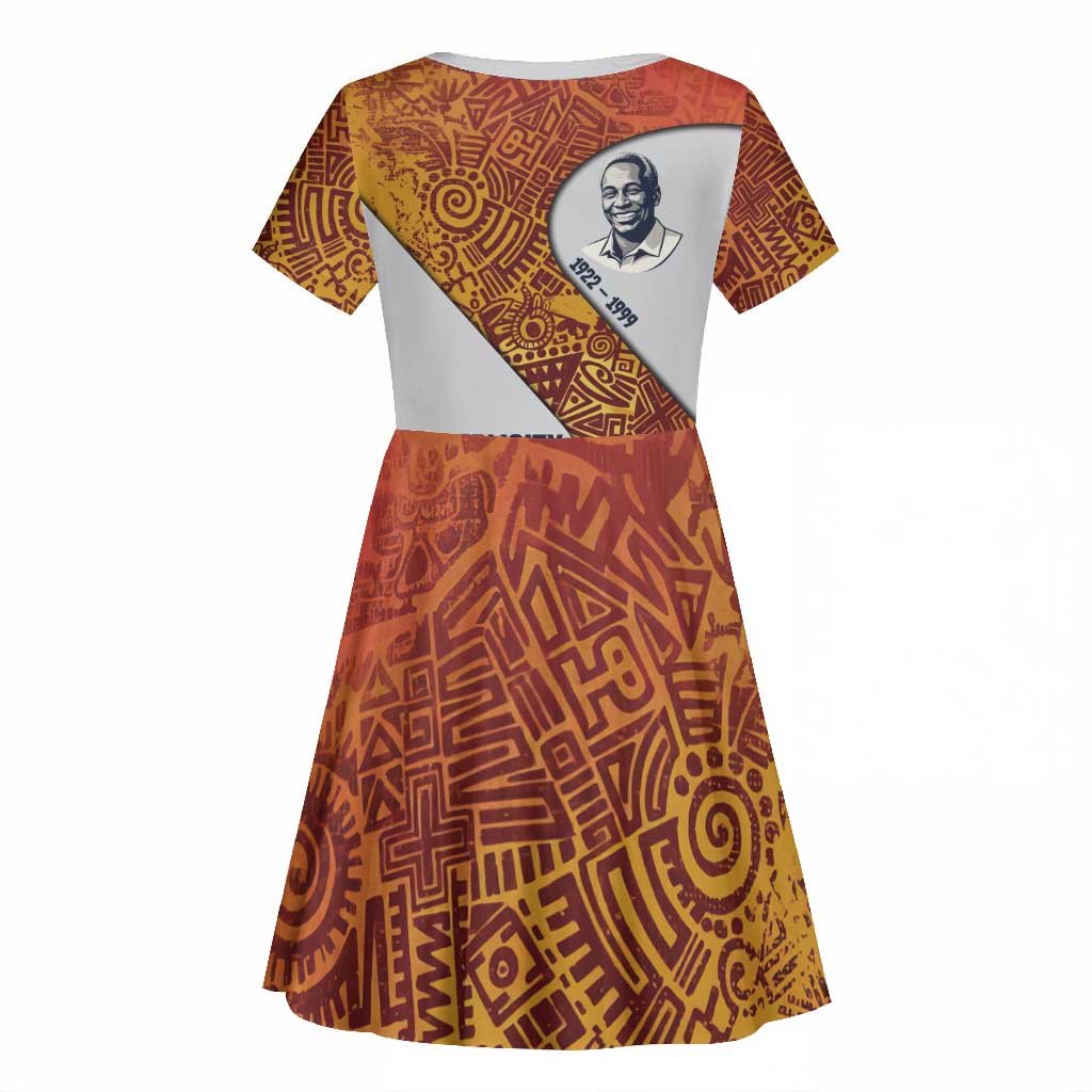 Julius Nyerere Kid Short Sleeve Dress with Smiling Portrait, Tribal Pattern and Simplicity is Power Quote - African Pride