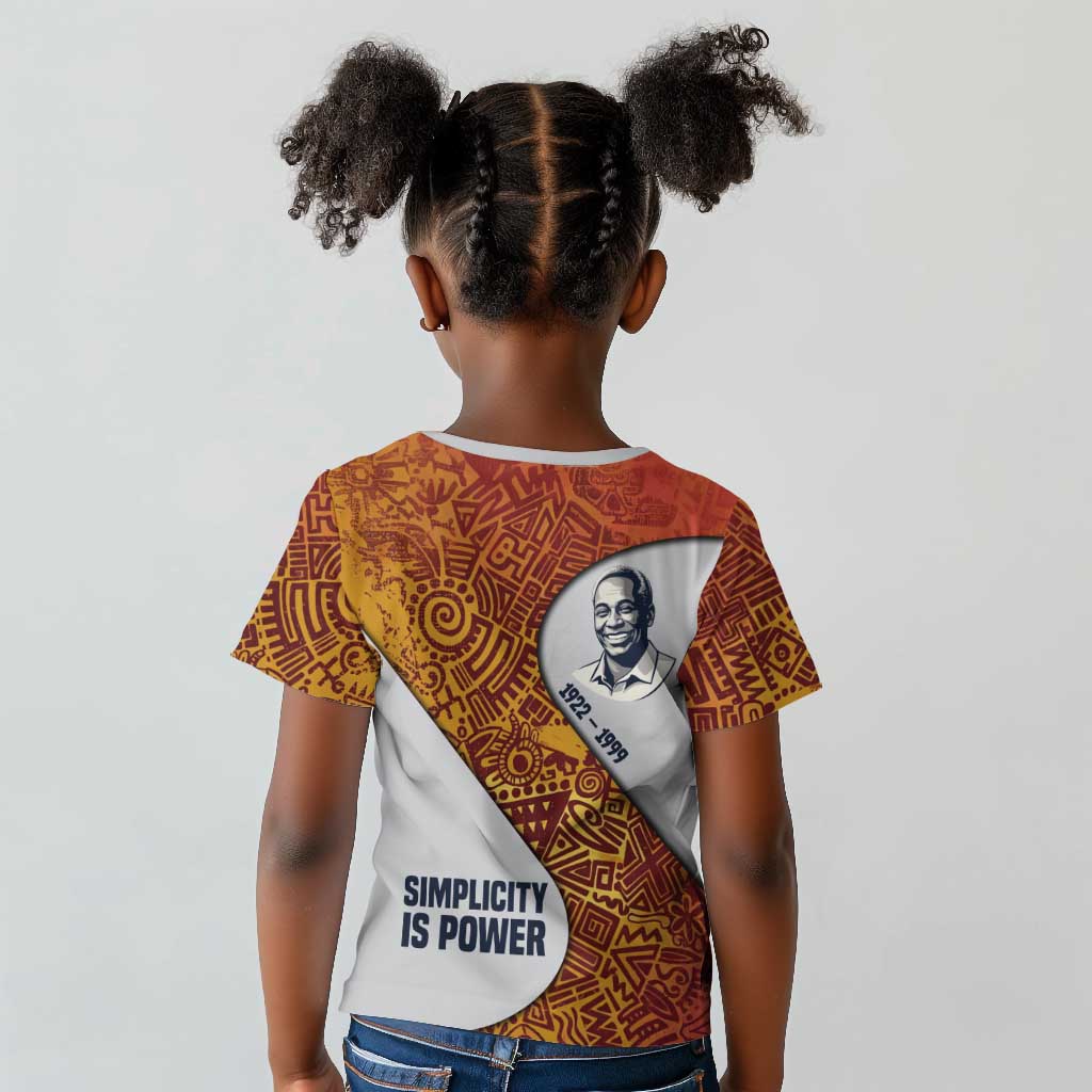 Julius Nyerere Kid T shirt with Smiling Portrait, Tribal Pattern and Simplicity is Power Quote - African Pride