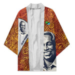 Julius Nyerere Kimono with Smiling Portrait, Tribal Pattern and Simplicity is Power Quote - African Pride