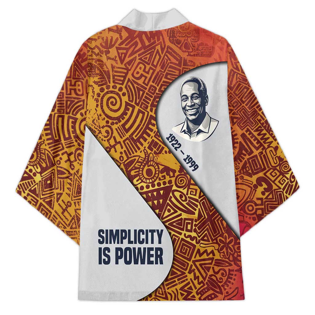 Julius Nyerere Kimono with Smiling Portrait, Tribal Pattern and Simplicity is Power Quote - African Pride