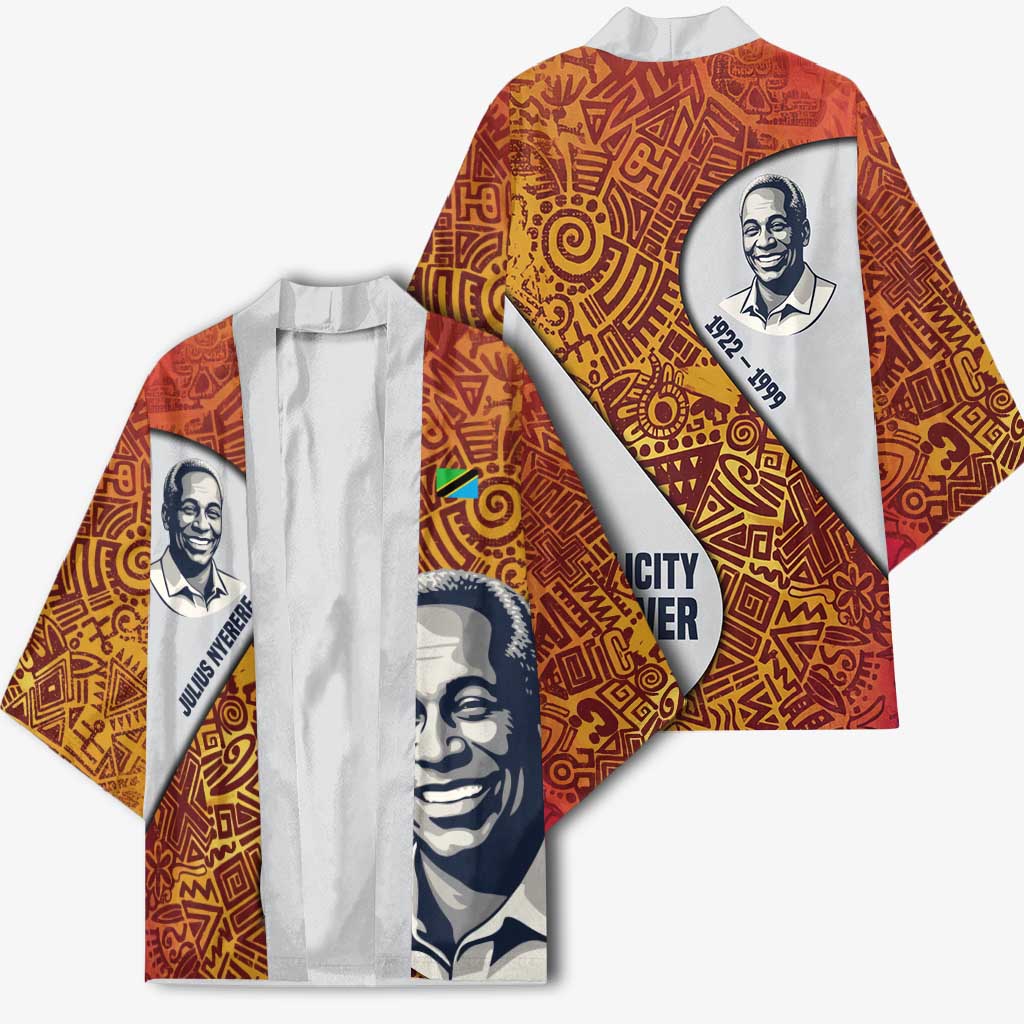 Julius Nyerere Kimono with Smiling Portrait, Tribal Pattern and Simplicity is Power Quote - African Pride
