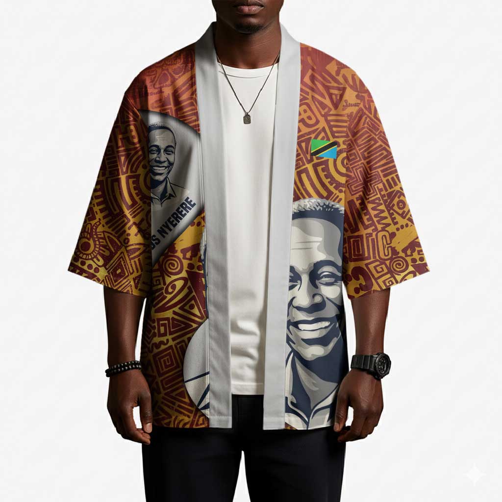 Julius Nyerere Kimono with Smiling Portrait, Tribal Pattern and Simplicity is Power Quote - African Pride