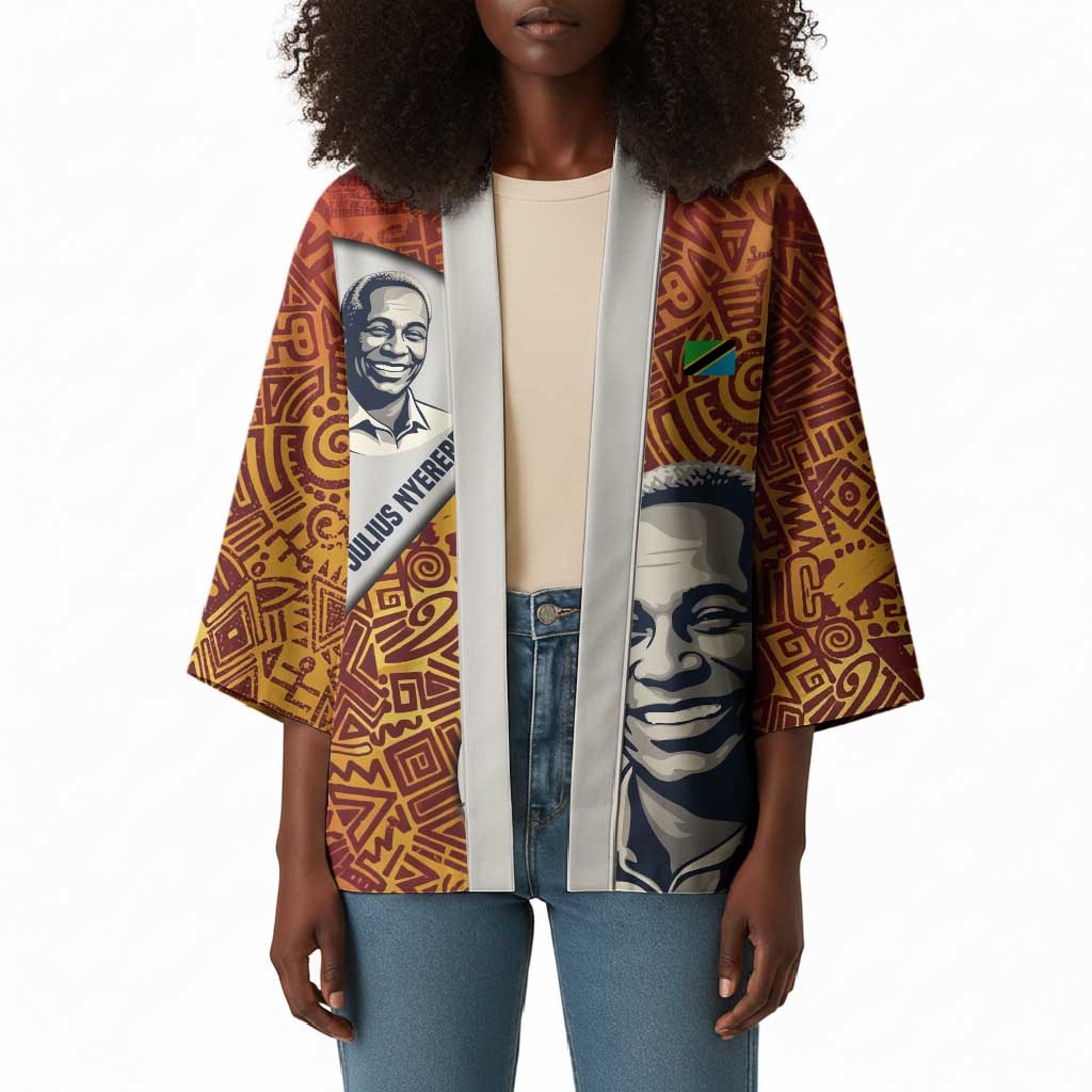 Julius Nyerere Kimono with Smiling Portrait, Tribal Pattern and Simplicity is Power Quote - African Pride