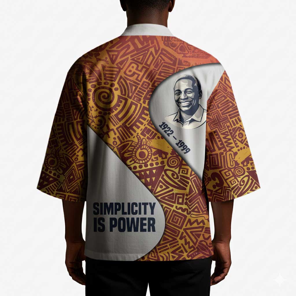 Julius Nyerere Kimono with Smiling Portrait, Tribal Pattern and Simplicity is Power Quote - African Pride