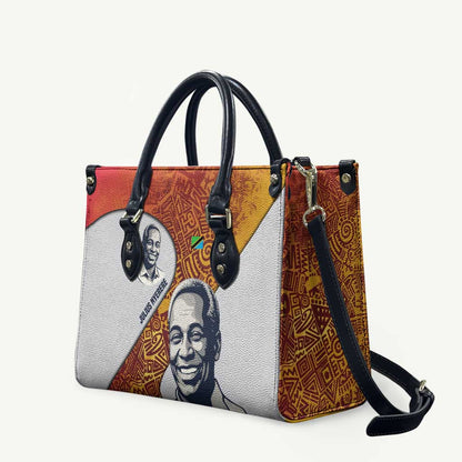 Julius Nyerere Leather Bag with Smiling Portrait, Tribal Pattern and Simplicity is Power Quote - African Pride